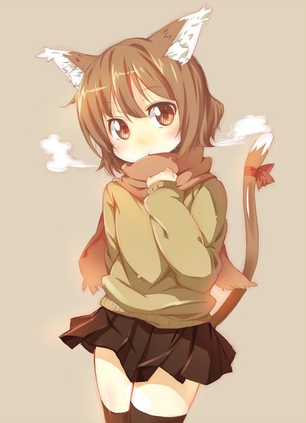 Anime picture 1450x2000 with original ichi makoto single tall image blush short hair simple background brown hair brown eyes animal ears pleated skirt cat ears cat girl cat tail exhalation girl thighhighs ribbon (ribbons) bow black thighhighs
