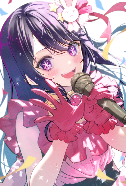Anime picture 1721x2543 with oshi no ko hoshino ai (oshi no ko) misty cj single long hair tall image looking at viewer blush highres open mouth purple eyes purple hair upper body :d sleeveless symbol-shaped pupils girl gloves hair ornament microphone