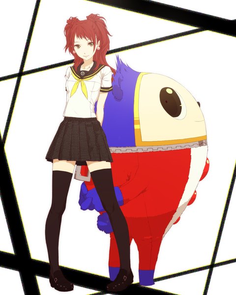 Anime picture 1000x1250 with persona 4 persona kujikawa rise kuma (persona 4) egawa satsuki long hair tall image looking at viewer brown hair brown eyes full body zettai ryouiki girl thighhighs skirt uniform black thighhighs school uniform miniskirt