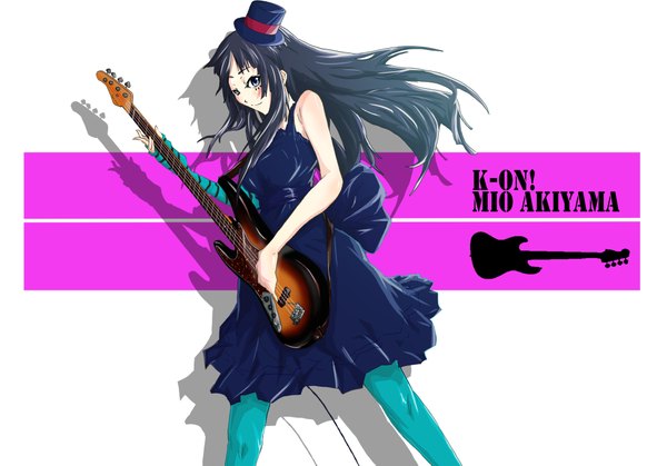 Anime picture 2000x1397 with k-on! kyoto animation akiyama mio highres light smile dress hat wire (wires) guitar mini hat mini top hat bass guitar
