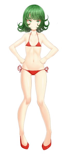 Anime picture 1099x2460 with one-punch man madhouse tatsumaki taka (takahirokun) single tall image looking at viewer blush fringe short hair breasts light erotic simple background smile white background green eyes full body green hair groin flat chest
