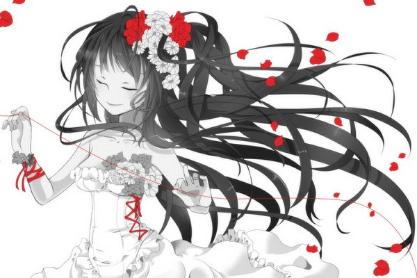 Anime picture 1146x764 with original hiiro (kikokico) single long hair black hair eyes closed hair flower monochrome girl dress hair ornament flower (flowers) ribbon (ribbons) petals