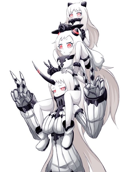 Аниме картинка 2894x4093 с флотская коллекция northern ocean hime seaport hime airfield hime ogawa-syou длинные волосы высокое изображение смотрит на зрителя высокое разрешение грудь простой фон большая грудь белый фон несколько девушек белые волосы розовые глаза рог (рога) лоли знак победы белая кожа