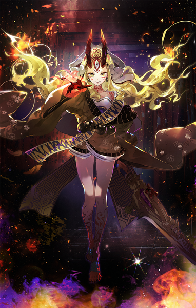 Anime picture 1300x2040 with fate (series) fate/grand order ibaraki douji (fate) a2ki single long hair tall image looking at viewer blonde hair yellow eyes full body traditional clothes japanese clothes horn (horns) bare legs tattoo outstretched hand oni horns oni girl