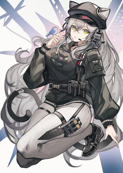 Anime picture 1700x2400 with arknights schwarz (arknights) schwarz (skyline) (arknights) fanshu single long hair tall image looking at viewer fringe hair between eyes yellow eyes silver hair tail animal tail cat tail official alternate costume bird on hand girl hat animal