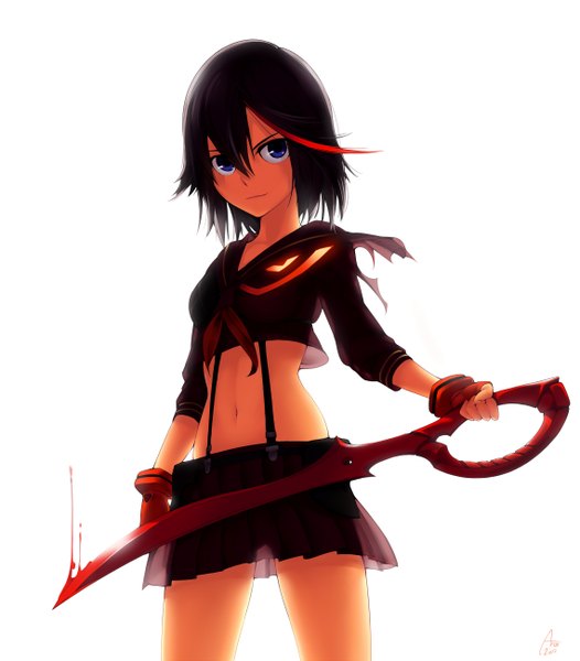 Anime picture 2278x2600 with kill la kill studio trigger matoi ryuuko drawfag single tall image highres short hair blue eyes black hair simple background white background multicolored hair two-tone hair midriff streaked hair girl navel weapon miniskirt