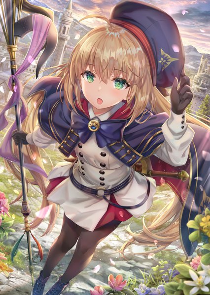 Anime picture 5302x7470 with fate (series) fate/grand order artoria pendragon (all) artoria caster (fate) torino aqua single long hair tall image looking at viewer blush fringe highres open mouth blonde hair hair between eyes standing twintails holding green eyes payot