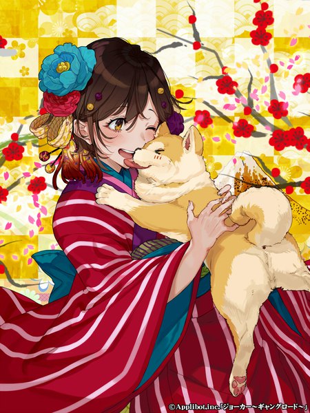 Anime picture 800x1066 with joker ~gang road~ yuu (higashi no penguin) single tall image blush fringe short hair open mouth hair between eyes brown hair holding yellow eyes traditional clothes japanese clothes one eye closed hair flower wide sleeves official art hug happy