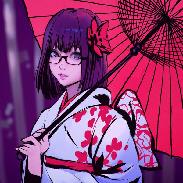 Anime picture 1280x1280 with original ilya kuvshinov single looking at viewer fringe short hair purple eyes holding purple hair outdoors traditional clothes parted lips japanese clothes hair flower lips blurry floral print bamboo forest girl flower (flowers)