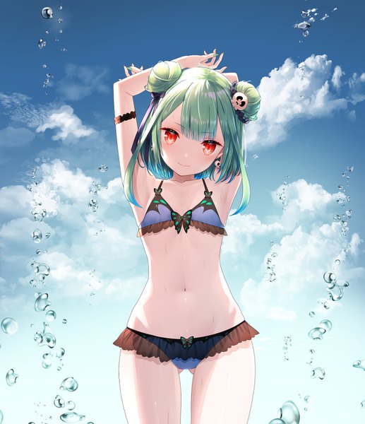 Anime picture 1175x1363 with virtual youtuber hololive uruha rushia yasuyuki single tall image looking at viewer blush fringe short hair light erotic smile red eyes standing sky cloud (clouds) outdoors blunt bangs nail polish head tilt