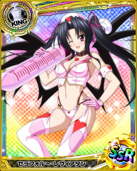 Anime picture 640x800 with highschool dxd serafall leviathan single long hair tall image blush open mouth light erotic black hair purple eyes twintails one eye closed wink card (medium) nurse girl thighhighs gloves uniform underwear