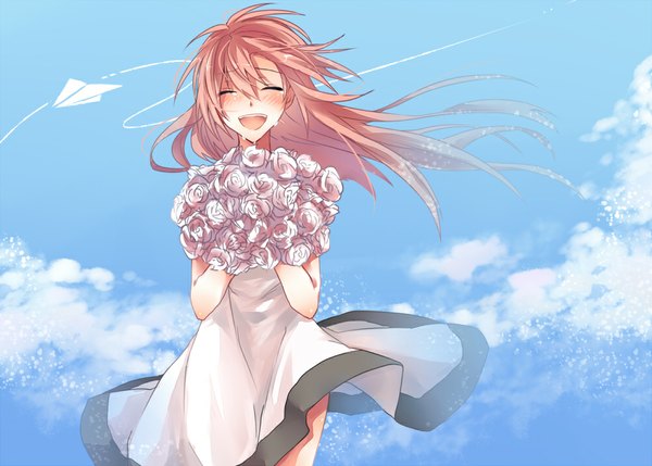 Anime picture 1000x715 with vocaloid nasuko single long hair blush open mouth smile pink hair sky cloud (clouds) eyes closed tears happy ^ ^ laughing girl dress flower (flowers) white dress rose (roses)