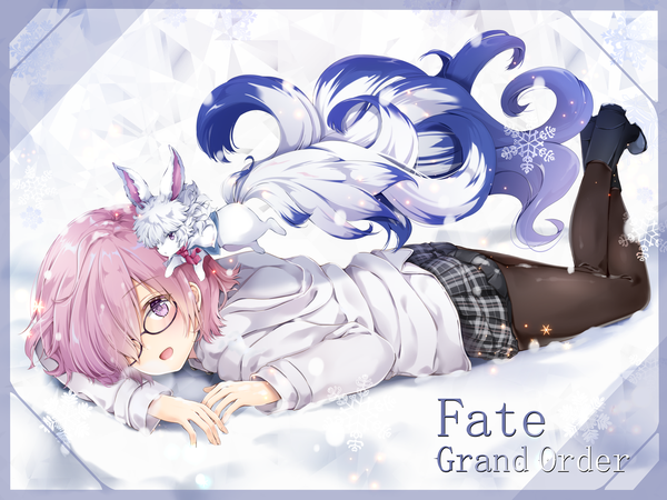 Anime-Bild 1378x1034 mit fate (series) fate/grand order mash kyrielight fou (fate) yoshida iyo single looking at viewer blush fringe short hair open mouth light erotic purple eyes pink hair full body tail lying long sleeves hair over one eye copyright name