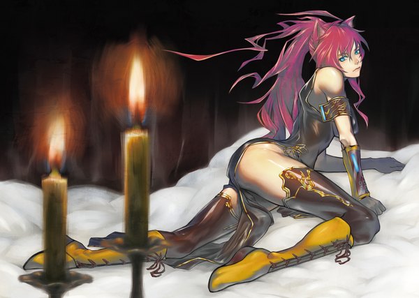 Anime picture 1200x854 with vocaloid megurine luka bk1964 single long hair light erotic animal ears ass red hair aqua eyes legs chinese clothes girl thighhighs gloves elbow gloves thigh boots fire chinese dress candle (candles)