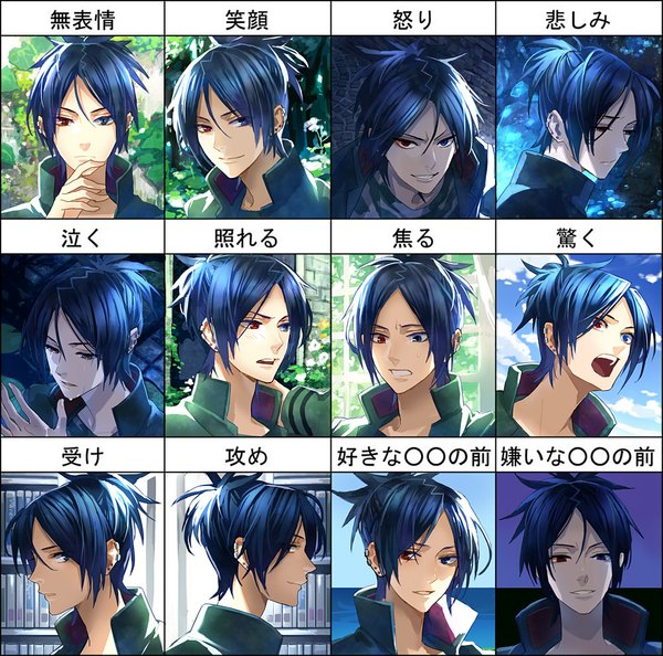 Anime picture 1000x991 with katekyou hitman reborn rokudo mukuro toti (pixiv) looking at viewer short hair open mouth smile blue hair looking away cloud (clouds) grin looking down multiview angry sad smirk chart earrings water sea