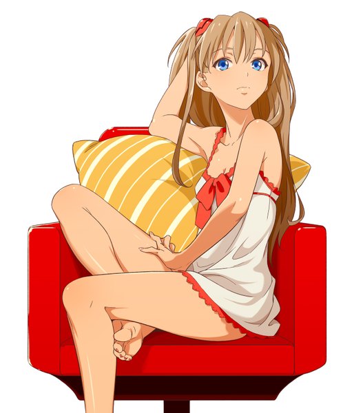 Anime picture 1318x1500 with neon genesis evangelion rebuild of evangelion evangelion: 2.0 you can (not) advance gainax soryu asuka langley aki (9aki) single long hair tall image fringe blue eyes simple background brown hair white background sitting barefoot bare legs girl pillow