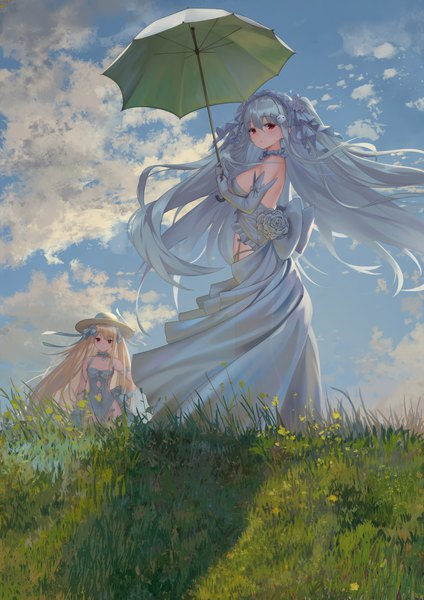 Anime picture 2480x3508 with niliu chahui tokisaki mio tokisaki asaba long hair tall image looking at viewer fringe highres breasts light erotic blonde hair smile hair between eyes red eyes large breasts standing multiple girls holding sky silver hair