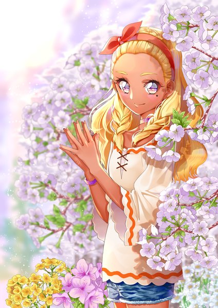 Anime picture 1415x2000 with precure star twinkle precure toei animation amamiya elena yuutarou (fukiiincho) single long hair tall image looking at viewer blonde hair smile standing outdoors braid (braids) pink eyes mole mole under eye twin braids cherry blossoms dark skin