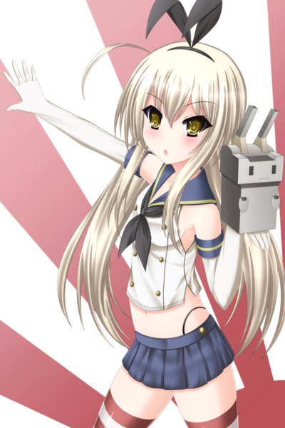 Anime picture 3000x4500 with kantai collection shimakaze destroyer rensouhou-chan toyokawa itsuki (p mayuhime) single long hair tall image looking at viewer blush highres open mouth blonde hair yellow eyes ahoge striped striped background girl thighhighs gloves bow