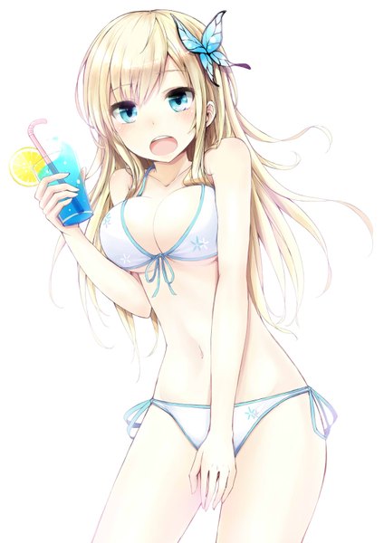 Anime picture 1200x1697 with boku wa tomodachi ga sukunai kashiwazaki sena minato (shouno) single long hair tall image breasts open mouth blue eyes light erotic blonde hair large breasts bare shoulders girl navel hair ornament swimsuit bikini insect butterfly