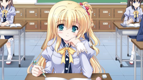Anime picture 1024x576 with yukiiro long hair blush blonde hair wide image green eyes game cg girl uniform school uniform
