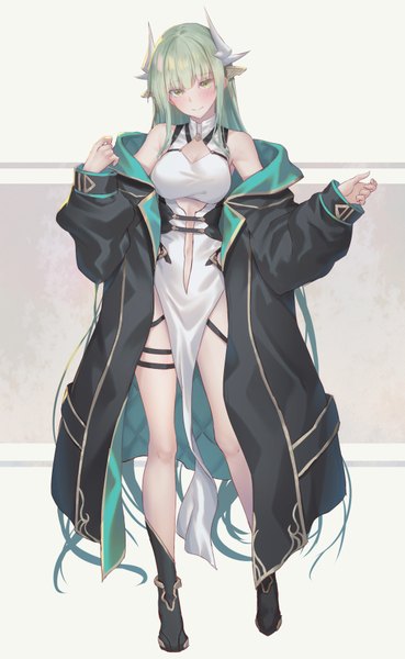 Anime picture 557x904 with fate (series) fate/grand order kiyohime (fate) oukawa yuu single tall image looking at viewer fringe breasts smile hair between eyes standing bare shoulders yellow eyes payot cleavage full body very long hair head tilt horn (horns)