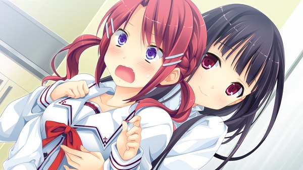 Anime picture 1280x720 with kanojo to ore to koibito to mihagino ayano marui (koedame) long hair blush short hair breasts open mouth black hair red eyes wide image purple eyes multiple girls game cg red hair breast grab shoujo ai girl uniform 2 girls