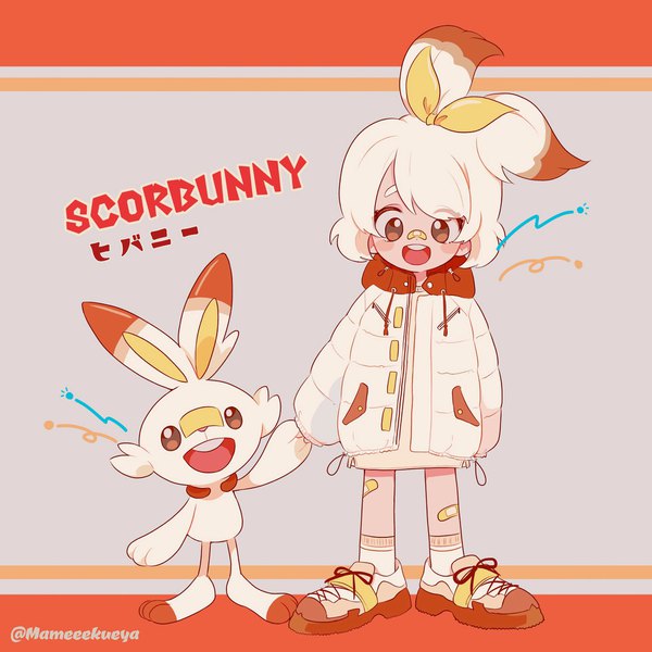 Anime picture 1923x1923 with pokemon pokemon (game) pokemon swsh nintendo scorbunny mameeekueya single looking at viewer highres short hair open mouth simple background standing signed full body white hair grey background open jacket teeth character names