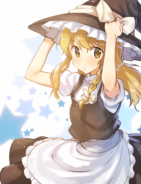 Anime picture 1023x1331 with touhou kirisame marisa shnva single long hair tall image blonde hair yellow eyes looking away braid (braids) from above arms up single braid girl skirt hat star (symbol) witch hat skirt set