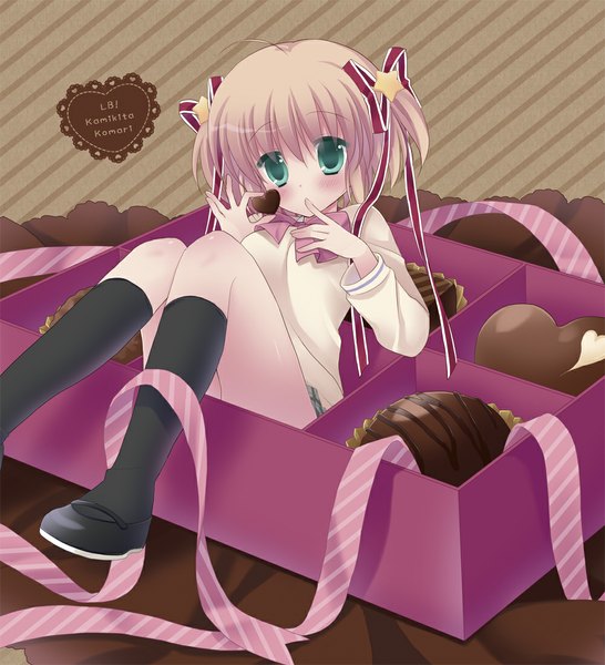 Anime picture 1000x1099 with little busters! key (studio) kamikita komari mana (10221125) single tall image looking at viewer blush short hair blonde hair green eyes two side up character names finger to mouth in container in box girl uniform hair ornament ribbon (ribbons)