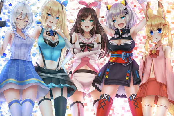 Anime-Bild 2500x1664 mit virtual youtuber a.i. channel the moon studio .live mirai akari project kemomimi oukoku kokuei housou kizuna ai kaguya luna mirai akari dennou shoujo siro mikoko (kemomimi oukoku kokuei housou) aru gunsou long hair looking at viewer blush fringe highres short hair breasts open mouth