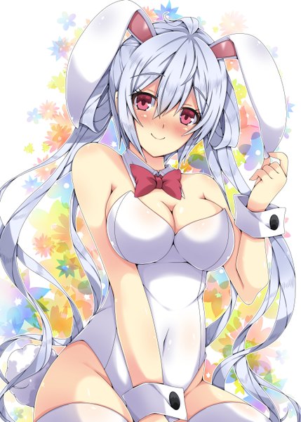 Anime picture 1000x1399 with phantasy star phantasy star online 2 sega matoi (pso2) milkpanda single long hair tall image looking at viewer blush breasts light erotic smile red eyes animal ears silver hair bunny ears floral background girl thighhighs