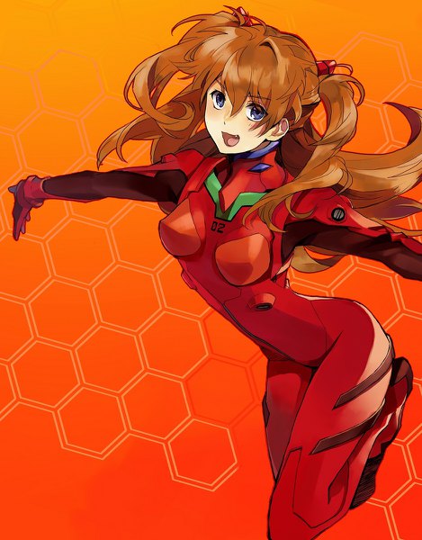 Anime picture 938x1200 with neon genesis evangelion gainax soryu asuka langley kamaya single long hair tall image fringe open mouth blue eyes hair between eyes brown hair fang (fangs) two side up gradient background spread arms jumping girl bodysuit pilot suit