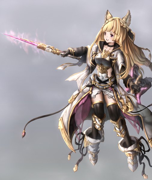 Anime picture 1975x2339 with granblue fantasy yuisis (granblue fantasy) wakaura asaho single long hair tall image fringe highres open mouth simple background blonde hair purple eyes holding animal ears full body blunt bangs braid (braids) :d grey background glowing weapon
