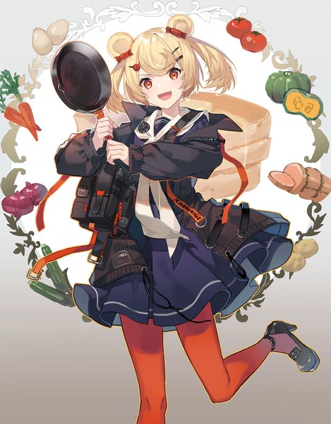 Anime picture 1006x1286 with arknights gummy (arknights) eihi single tall image looking at viewer short hair open mouth blonde hair red eyes standing twintails animal ears :d short twintails standing on one leg bear ears girl food bobby pin