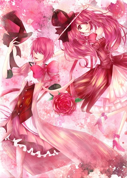 Anime picture 1265x1772 with original maze (x12345x20022) long hair tall image looking at viewer short hair open mouth red eyes twintails pink hair girl dress boy flower (flowers) bow hat cane