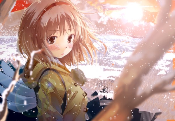 Anime picture 1200x828 with kanon key (studio) tsukimiya ayu yae (mono110) single blush short hair brown hair brown eyes wind depth of field snowing winter snow girl gloves wings jacket hairband branch