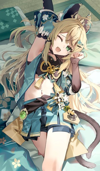 Anime picture 1169x2000 with genshin impact kirara (genshin impact) mocha (mokaapolka) single long hair tall image looking at viewer open mouth blonde hair green eyes ahoge indoors tail lying animal tail one eye closed midriff on back cat tail ;d
