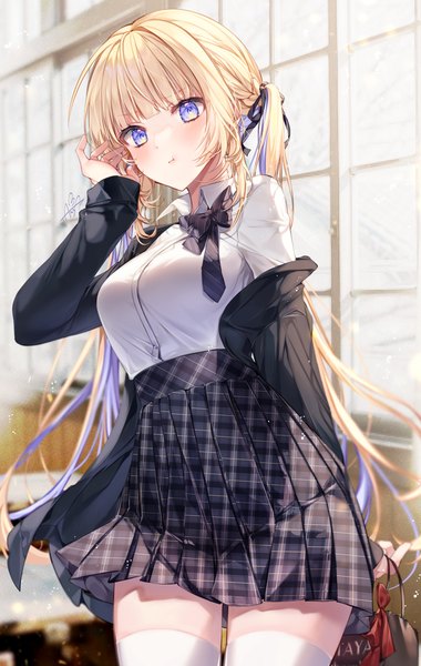 Anime picture 1369x2164 with original taya oco single long hair tall image looking at viewer blush fringe blue eyes blonde hair twintails holding signed payot blunt bangs long sleeves pleated skirt multicolored hair arm up blurry