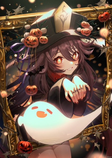 Anime picture 1448x2048 with genshin impact hu tao (genshin impact) boo tao (genshin impact) champi single long hair tall image looking at viewer fringe smile hair between eyes red eyes brown hair nail polish from above grin symbol-shaped pupils halloween ghost empty picture frame