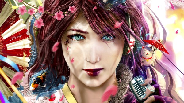 Anime picture 1920x1080 with original arist0te single long hair looking at viewer highres wide image red hair nail polish aqua eyes realistic tattoo lipstick facial mark portrait close-up face eyeshadow red lipstick crying