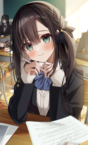 Anime picture 2863x4724 with original kuro namako long hair tall image looking at viewer blush fringe highres black hair smile hair between eyes sitting holding green eyes upper body indoors long sleeves head tilt sleeves past wrists solo focus