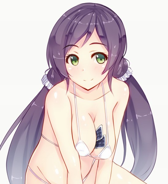 Anime picture 1020x1120 with love live! school idol project sunrise (studio) love live! toujou nozomi hiiragi hajime single long hair tall image looking at viewer blush breasts light erotic simple background smile large breasts white background sitting twintails bare shoulders green eyes