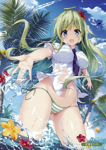 Anime picture 2477x3500 with original melonbooks miyase mahiro single long hair tall image looking at viewer blush fringe highres breasts open mouth blue eyes light erotic smile large breasts standing sky cloud (clouds) outdoors