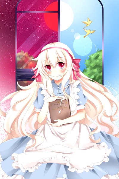 Anime picture 1200x1800 with kagerou project shaft (studio) mary (kagerou project) sisterakuma single long hair tall image looking at viewer blush white hair pink eyes girl dress animal hairband bird (birds) book (books)