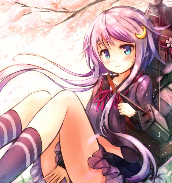 Anime picture 1410x1500 with kantai collection yayoi destroyer sakura ani single long hair tall image looking at viewer blush blue eyes purple hair cherry blossoms between thighs girl skirt hair ornament plant (plants) petals tree (trees) socks