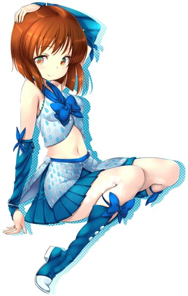 Anime picture 638x1000 with idolmaster hagiwara yukiho zizi (zz22) single tall image looking at viewer short hair simple background white background sitting bare shoulders pleated skirt orange hair orange eyes hand on head girl skirt navel bow detached sleeves