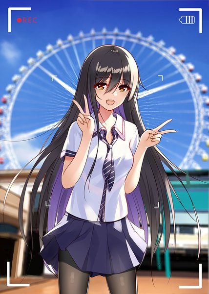 Anime picture 787x1102 with original flan (seeyouflan) single long hair tall image looking at viewer blush fringe open mouth black hair smile hair between eyes standing brown eyes sky outdoors :d blurry victory open collar