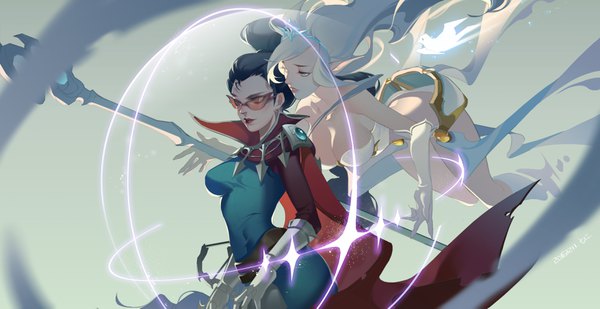 Anime picture 3508x1810 with league of legends janna windforce vayne (league of legends) 713 long hair highres breasts light erotic black hair simple background red eyes wide image large breasts standing multiple girls looking away white hair ponytail parted lips aqua eyes