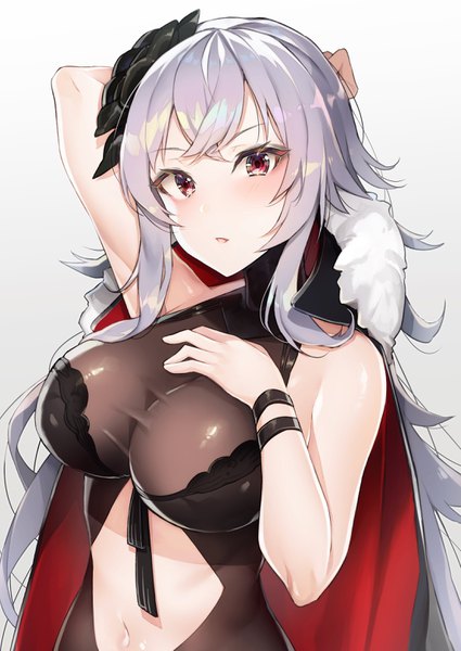 Anime picture 2219x3131 with azur lane graf zeppelin (azur lane) graf zeppelin (beachside urd) (azur lane) yayoichi (yoruyoru108) single long hair tall image looking at viewer blush fringe highres breasts open mouth light erotic simple background hair between eyes red eyes large breasts payot silver hair